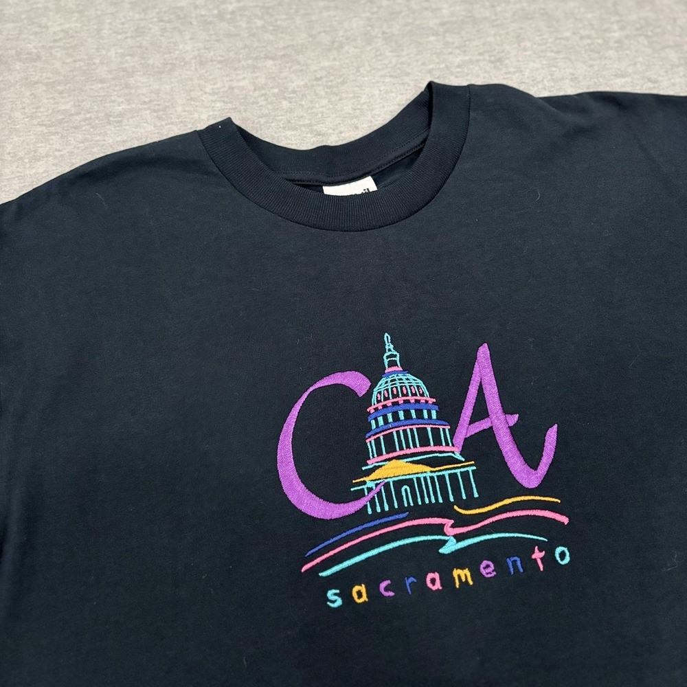 VTG 90s Anvil Sacramento‎ California Capitol T Shirt Large Black Neon Souvenir L